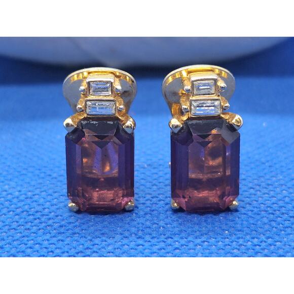 Christian Dior Gold Tone Purple Amethyst & Crystal Clip Earrings- Estate Find! - Picture 1 of 7